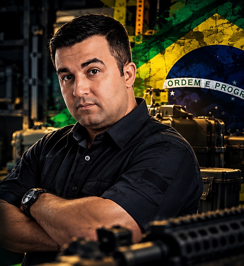 Retrato ilustrativo do fundador Raphael Motta com a bandeira do Brasil ao fundo